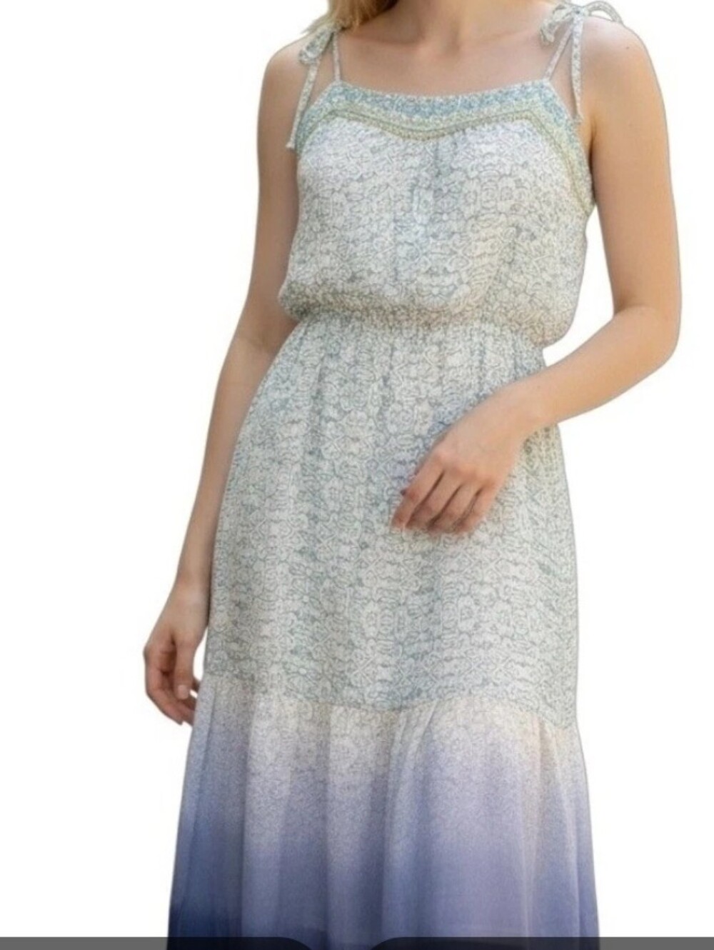 Knox Rose Blue & White Floral Boho Midi Dress Embroidered Tassel